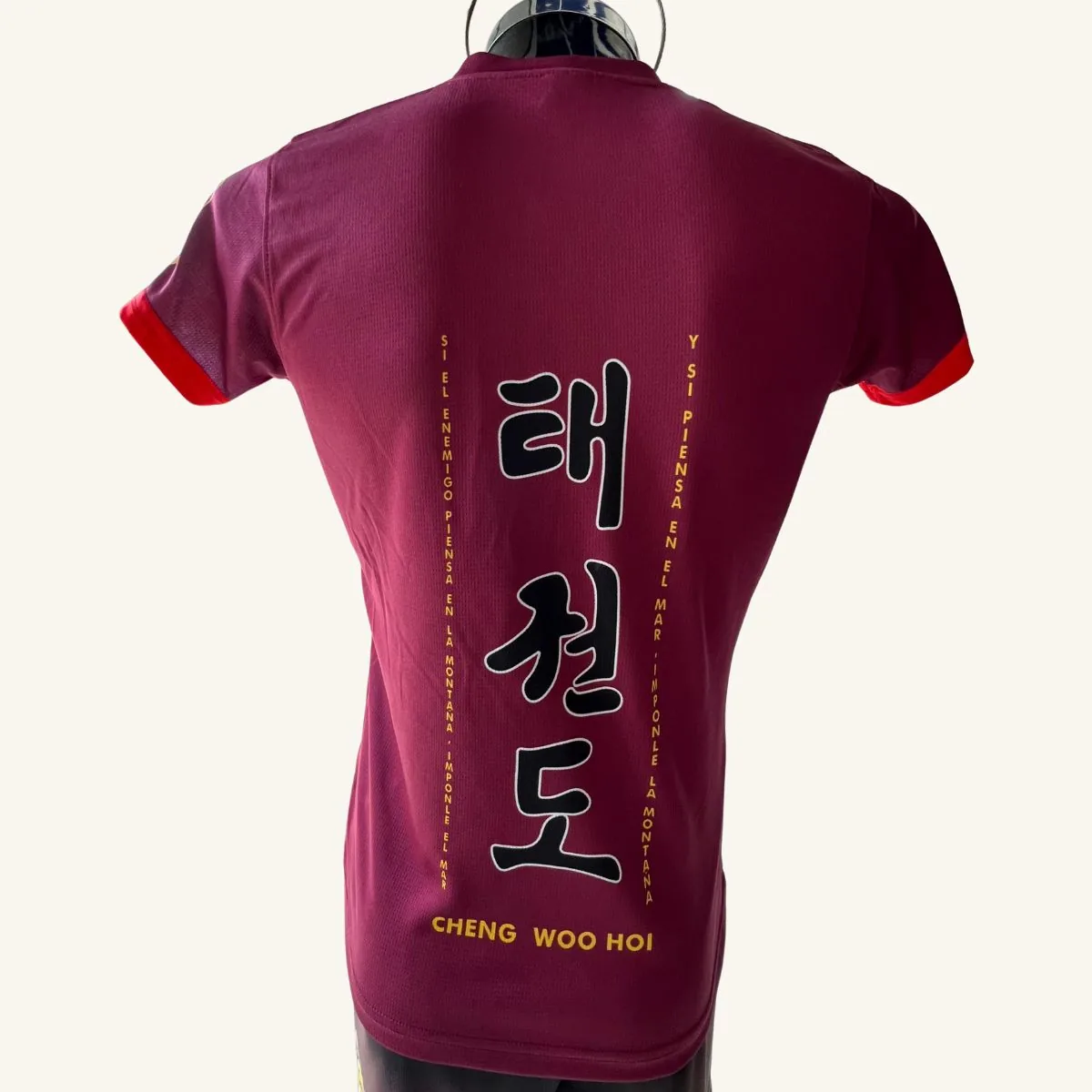 Playera de taekwondo Clan Muramasa, vista trasera con caracteres coreanos y nombre