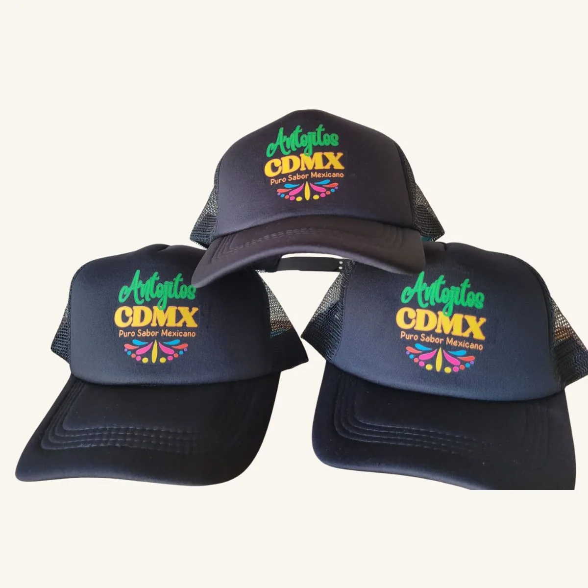 Gorras tipo trucker personalizadas para Antojitos CDMX