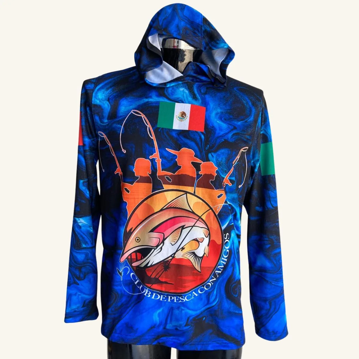 Jersey de pesca personalizado para Club de Pesca con Amigos, vista frontal con bandera de México
