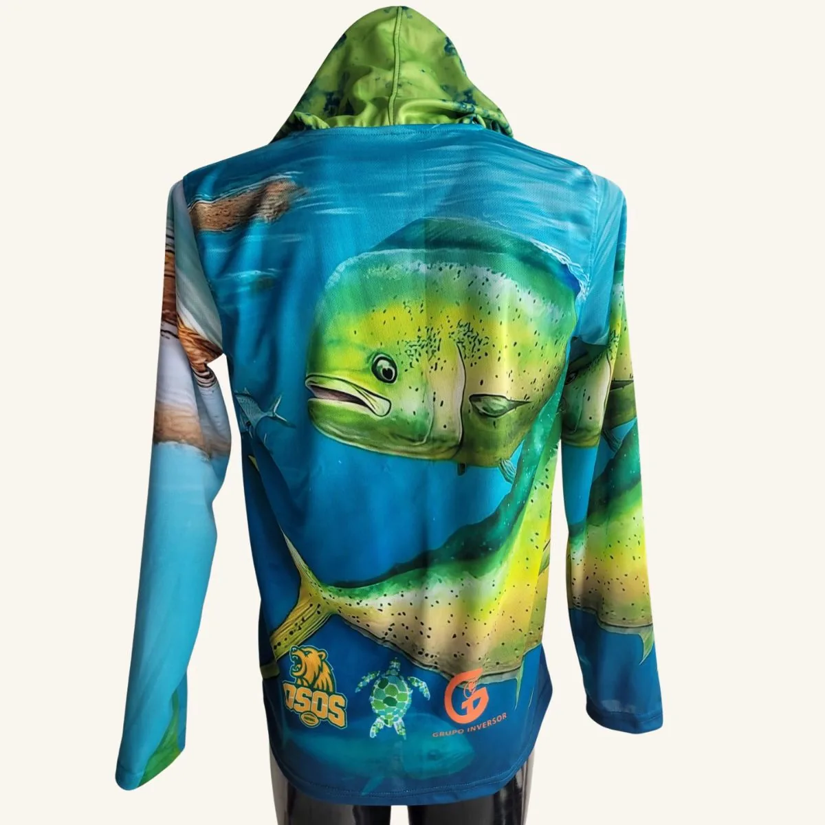 Jersey de pesca personalizado Grupo Inversor, vista trasera con dorado y tortuga