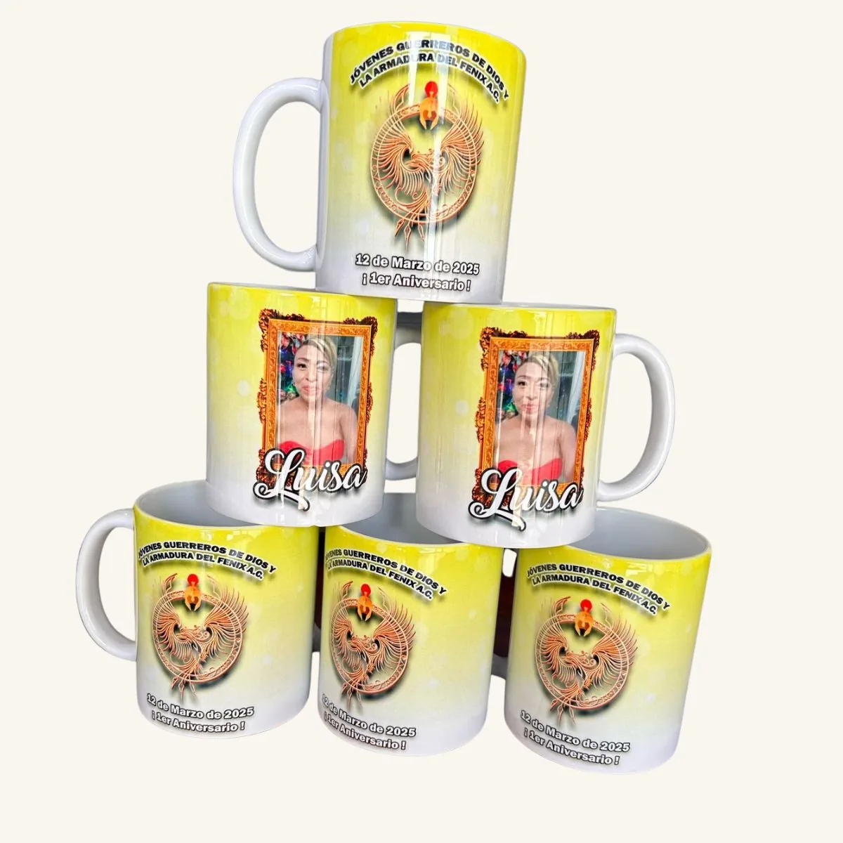 Tazas personalizadas para el grupo Jóvenes Guerreros de Dios y la Armadura del Fénix A.C., con foto y aniversario