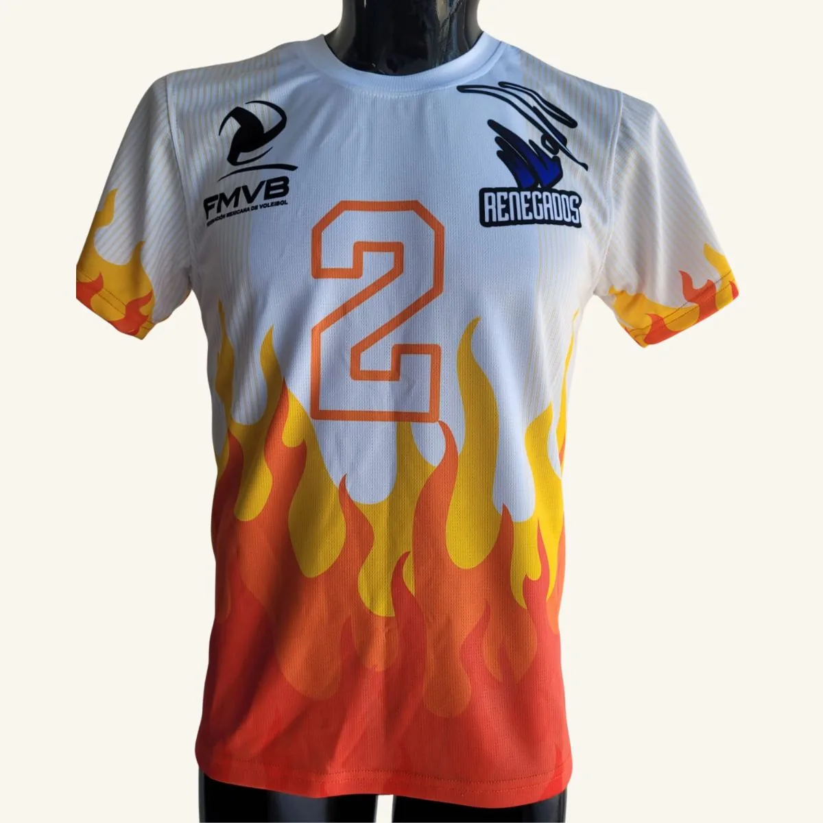 Uniforme de voleibol personalizado para equipo Renegados, diseño de flamas naranjas, vista frontal